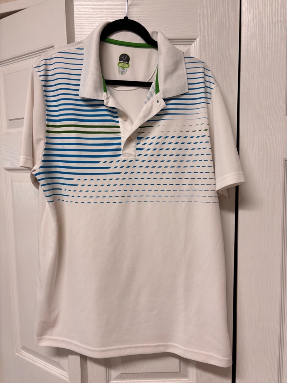 Men’s PGA TOUR White Polo Shirt with Blue & Green Stripes